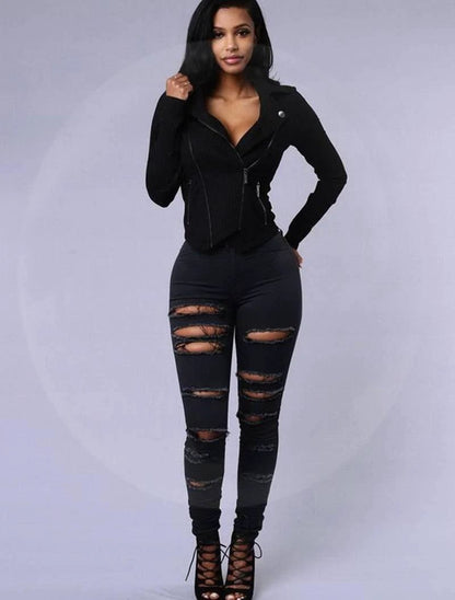 Mandotos SlimFit women's slimming stretch leggings with trendy rips, showcasing a close-up of the stylish ripped design and fitted style.