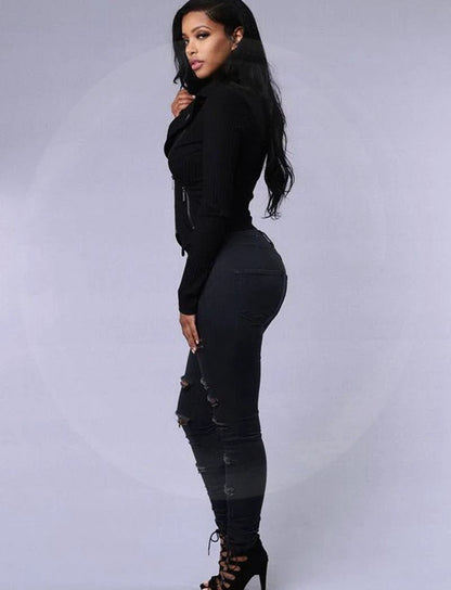 Mandotos SlimFit women's slimming stretch leggings with trendy rips, showcasing a close-up of the stylish, fitted leggings.