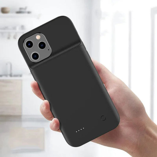 MANDOTOS Smart Clip-On Power Bank attached to a smartphone, compact portable charging device with LED indicator lights.