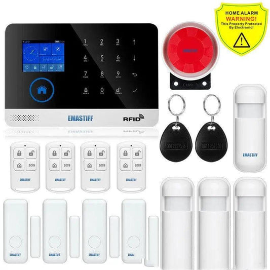 Wireless GSM door and window anti-theft alarm by MANDOTOS with sensors and control panel for security.