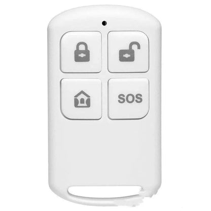 Wireless GSM store door and window anti-theft alarm by MANDOTOS, with sensors and control panel for security monitoring.