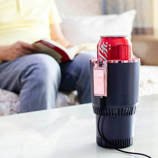 Mandotos SmartTemp Auto Cup Holder with temperature control, showing a sleek black design holding a coffee cup in a vehicle.