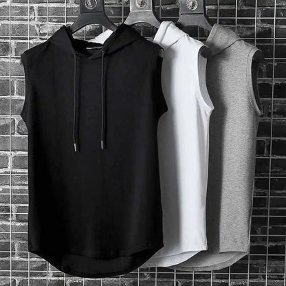 Mandotos men's solid color sleeveless tank top with hood, casual hip-hop style, perfect for summer or active wear.