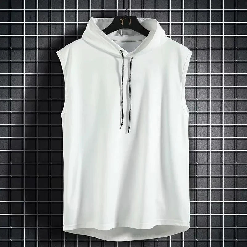 Mandotos solid color men's tank top vest with sleeveless design, hooded style, casual hip-hop inspired men's sleeveless T-shirt.
