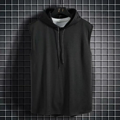 Mandotos men's solid color sleeveless tank top with hood, casual hip-hop style, perfect for warm weather and streetwear fashion.