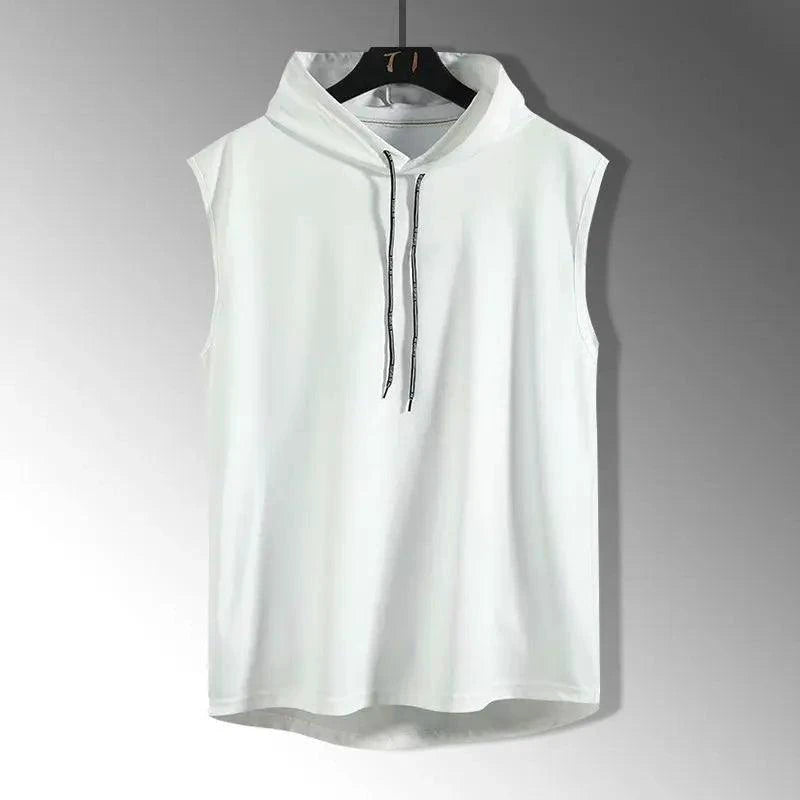 Mandotos solid color men's tank top vest, sleeveless hoodie tee for men, casual hip-hop style, perfect for warm weather.