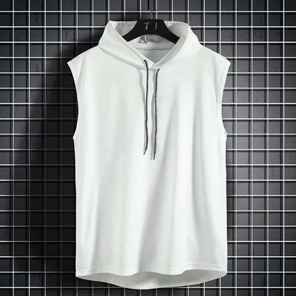 Mandotos solid color men's tank top vest, sleeveless hoodie tee, casual hip-hop style for men, front view showing fit and fabric.
