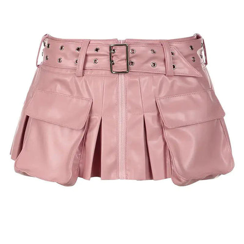 Mandotos Spice faux leather pleated mini skirt with a high waist and sleek design, shown on a model.