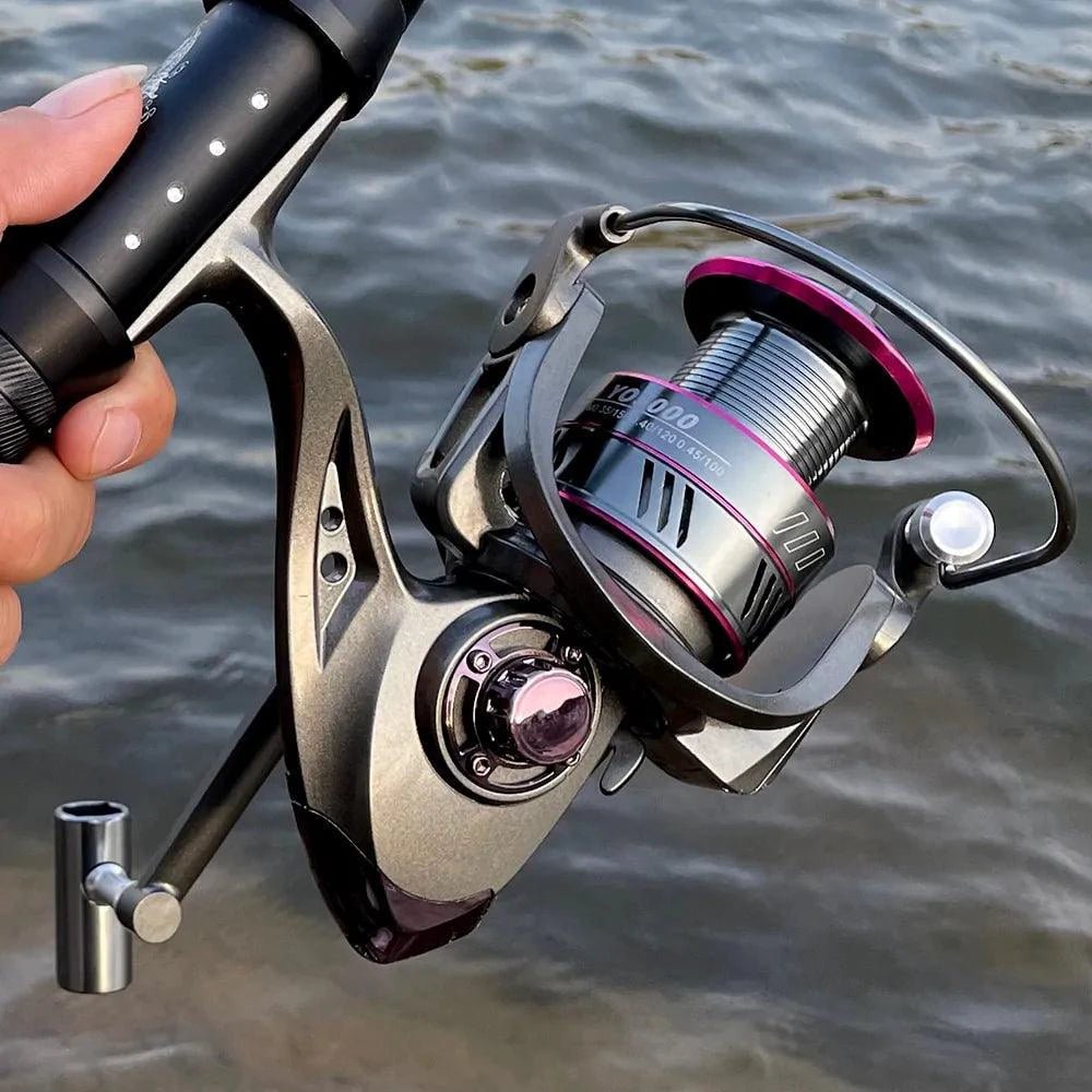 Mandotos SpinMaster Series 1000-7000 fishing reel with metal handle and spool, designed for freshwater and saltwater fishing.