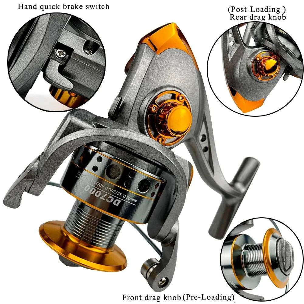 Mandotos SpinMaster Series 1000-7000 fishing reel with black and silver design, featuring spool and handle for freshwater or saltwater fishing.