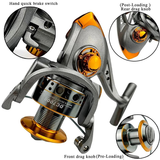 Mandotos SpinMaster Series 1000-7000 fishing reel with black and silver design, featuring spool and handle for freshwater or saltwater fishing.