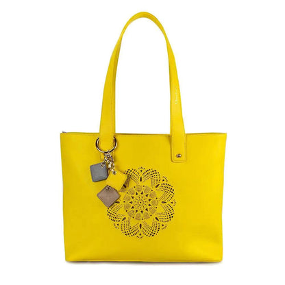 Mandotos Sprout Leather Tote in lemon yellow with sturdy handles and spacious interior, stylish and functional for daily use.