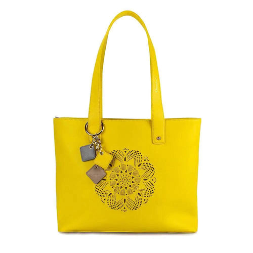 Mandotos Sprout Leather Tote in lemon yellow with sturdy handles and spacious interior, stylish and functional for daily use.