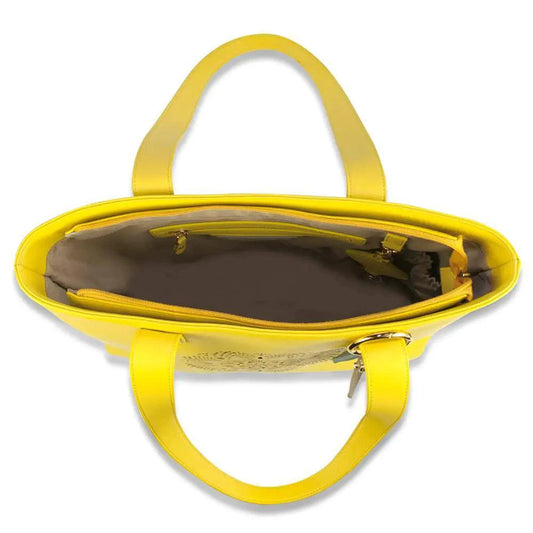 Mandotos Sprout Leather Tote in bright lemon yellow, featuring sturdy handles and spacious interior for everyday use.