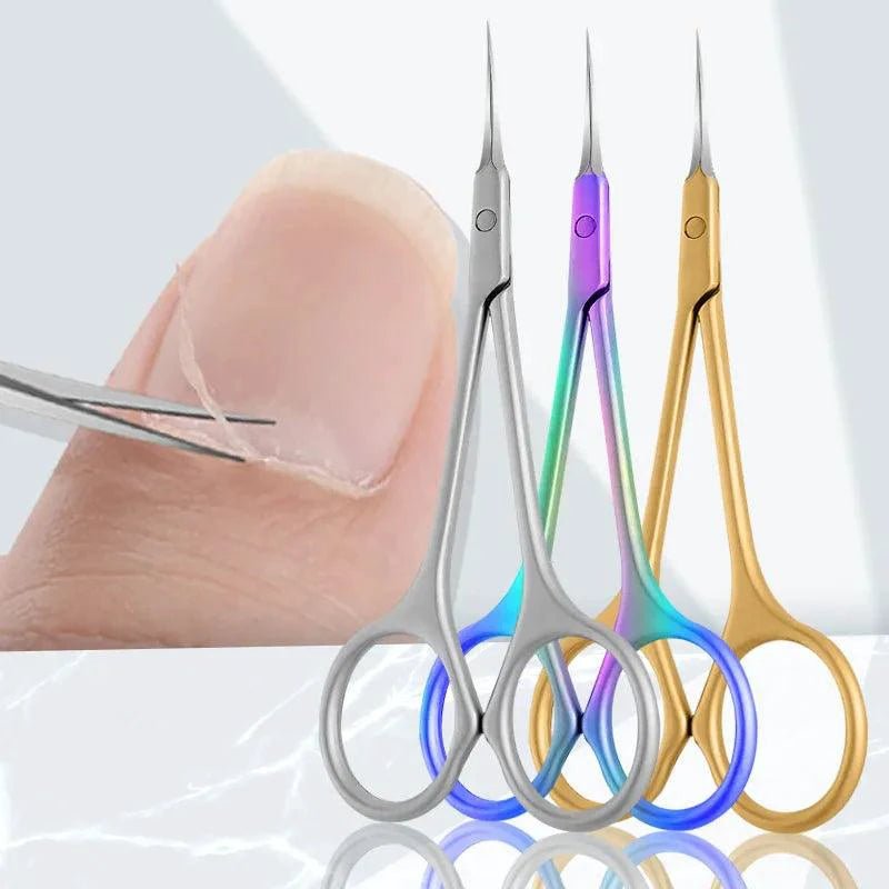 Mandotos stainless steel cuticle scissors with curved tips for removing dead skin and nail grooming during manicure.