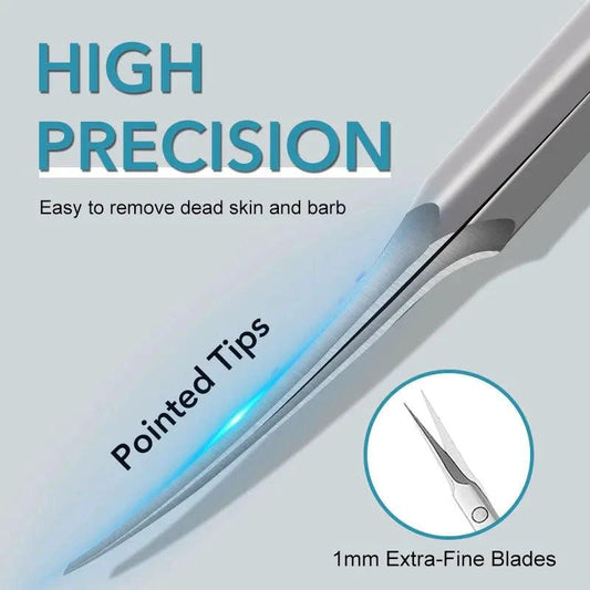 Mandotos stainless steel cuticle scissors with curved tips, perfect for nail art and dead skin removal during manicure.