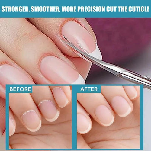 Mandotos stainless steel cuticle scissors with curved tips for manicures and nail art, designed to remove dead skin effectively.