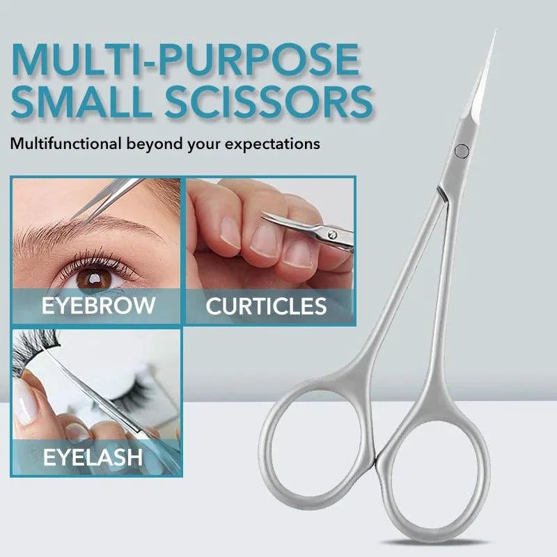 Mandotos stainless steel cuticle scissors with curved tips for nail art and manicure, perfect for removing dead skin around nails.