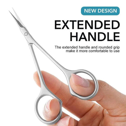 Mandotos stainless steel cuticle scissors with curved tips for removing dead skin and manicuring nails.