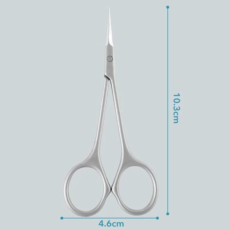 Mandotos stainless steel cuticle scissors with curved tips for manicures, nail art, and removing dead skin around nails.