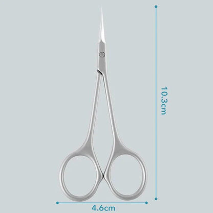 Mandotos stainless steel cuticle scissors with curved tips for manicures, nail art, and removing dead skin around nails.
