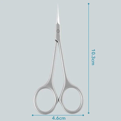 Mandotos stainless steel cuticle scissors with curved tips for manicures, nail art, and removing dead skin around nails.