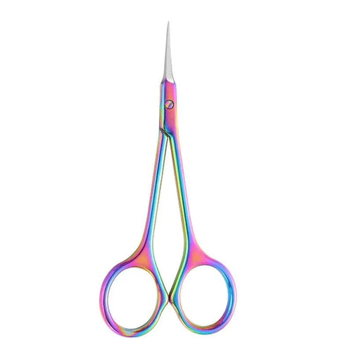Mandotos stainless steel cuticle scissors with curved tips for removing dead skin in manicures and nail art.