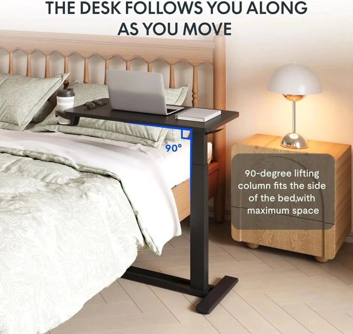 Mandotos standing scroll side table with hidden wheels, height-adjustable bed table, featuring a decorative scroll design and versatile use