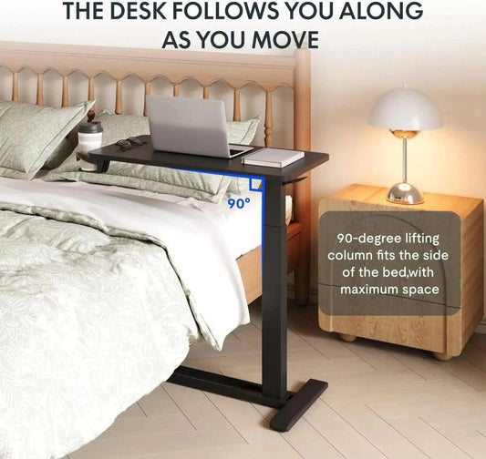 Mandotos standing scroll side table with hidden wheels, height-adjustable bed table, featuring a decorative scroll design and versatile use