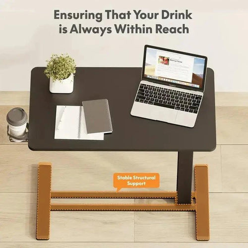 Mandotos standing scroll side table with hidden wheels, adjustable height, ideal for beds or living spaces.