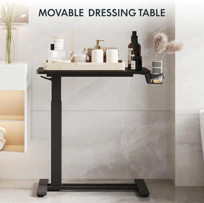 Mandotos standing scroll side table with hidden wheels, height-adjustable for beds or living spaces, featuring a stylish design.