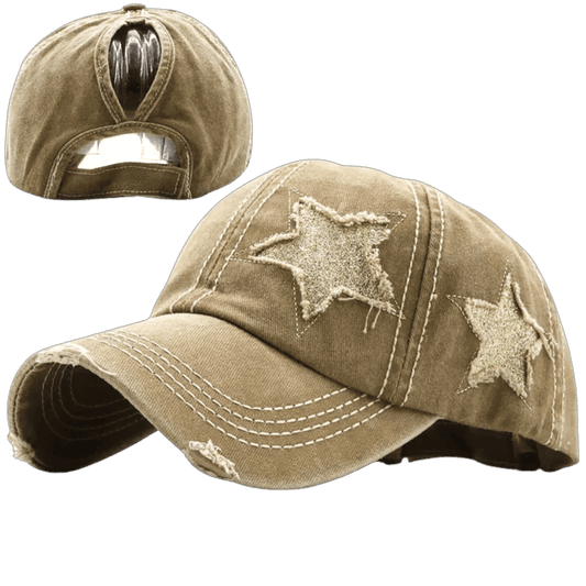 Mandotos star denim baseball cap featuring a classic design with embroidered star detail and adjustable strap.