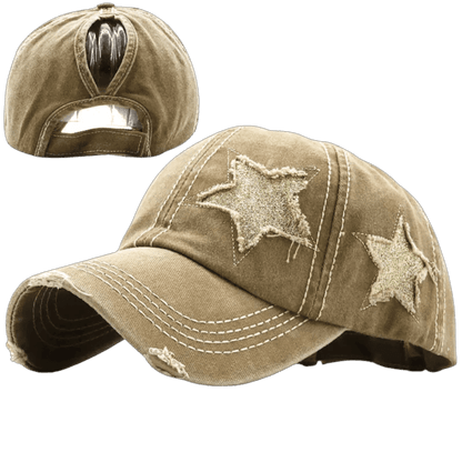 Mandotos star denim baseball cap featuring a classic design with a star detail, adjustable strap, and durable denim fabric.
