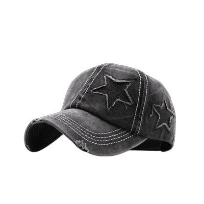 Mandotos star denim baseball cap with adjustable strap and embroidered star design on front.