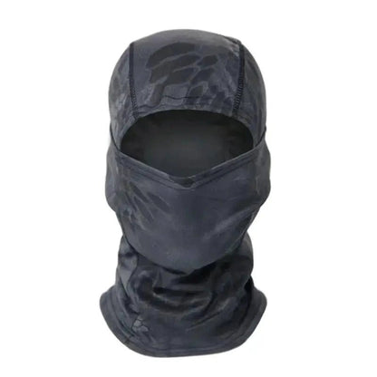Mandotos Stealth Ops Camo Face Mask with camouflage pattern, breathable fabric, and adjustable fit for outdoor activities and tactical use.