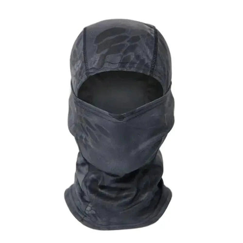 Mandotos Stealth Ops Camo Face Mask with camouflage pattern, breathable fabric, and adjustable fit for outdoor activities and tactical use.