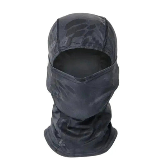 Mandotos Stealth Ops Camo Face Mask with camouflage pattern, breathable fabric, and adjustable fit for outdoor activities and tactical use.
