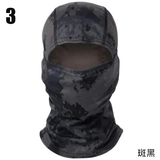Mandotos Stealth Ops Camo Face Mask with camouflage pattern, breathable fabric, and secure fit for outdoor activities and tactical use.
