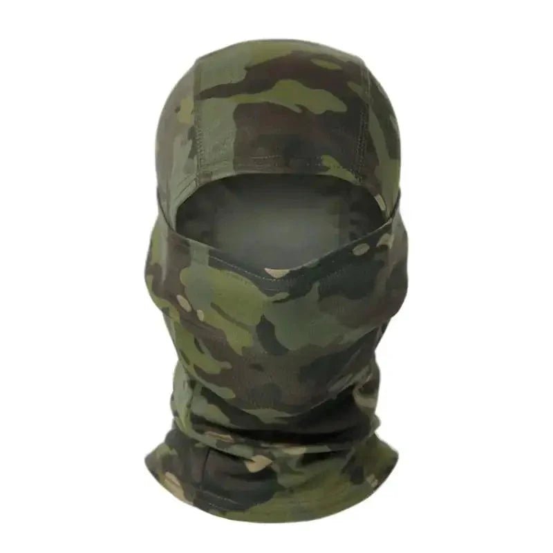 Mandotos Stealth Ops Camo Face Mask with camouflage pattern, breathable fabric, and adjustable fit for outdoor activities.