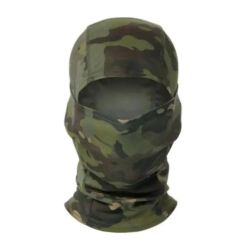 Mandotos Stealth Ops Camo Face Mask with camouflage pattern, breathable fabric, and adjustable fit for outdoor activities.