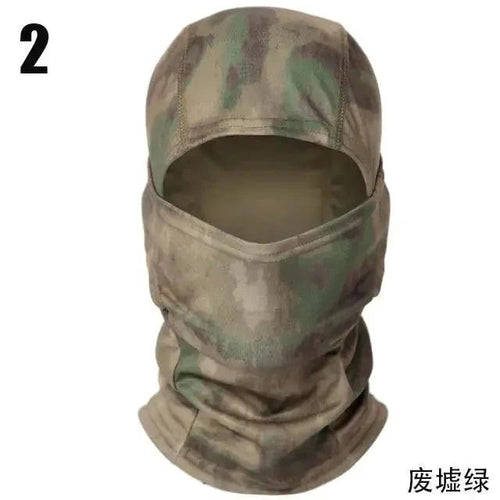 Mandotos Stealth Ops Camo Face Mask with camouflage pattern, breathable fabric, and adjustable fit for outdoor activities and tactical use.