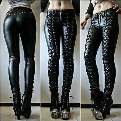 Mandotos steampunk leather skinny pants featuring a fitted design and intricate steampunk-inspired detailing.