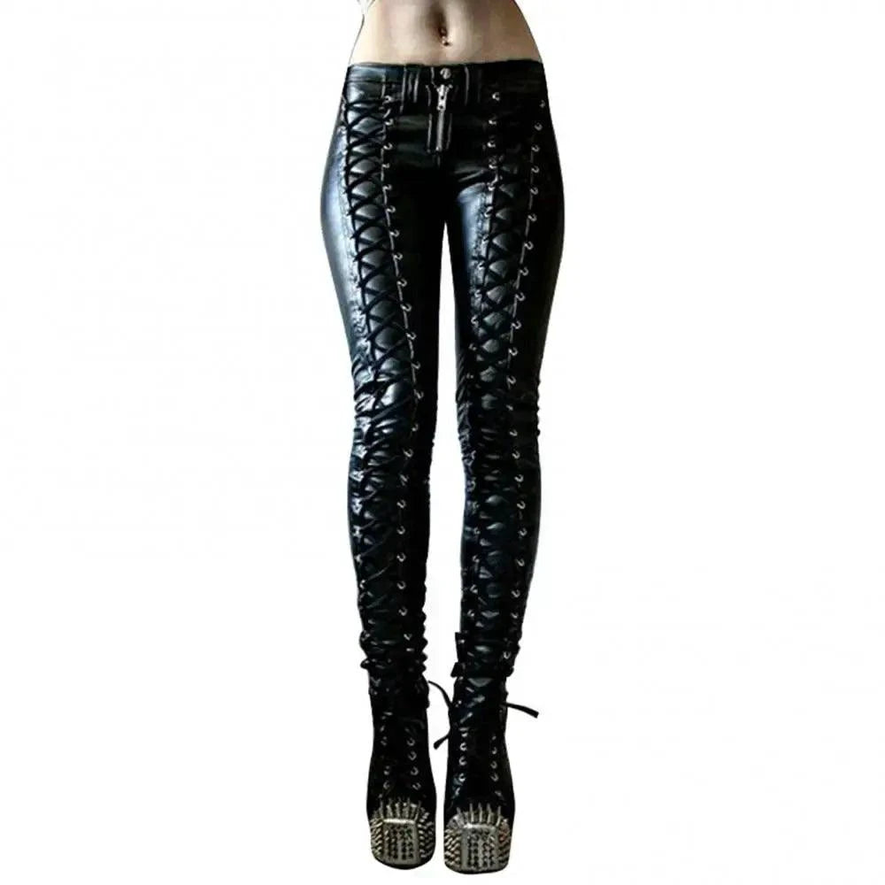 Mandotos steampunk leather skinny pants with fitted design, featuring detailed leather panels and a stylish, edgy look.
