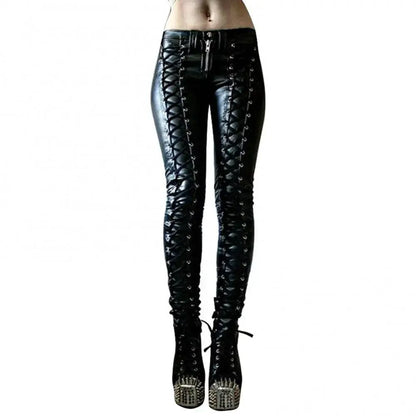 Mandotos steampunk leather skinny pants with fitted design, featuring detailed leather panels and a stylish, edgy look.