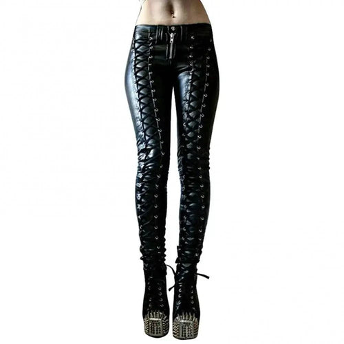 Mandotos steampunk leather skinny pants with fitted design, featuring detailed leather panels and a stylish, edgy look.