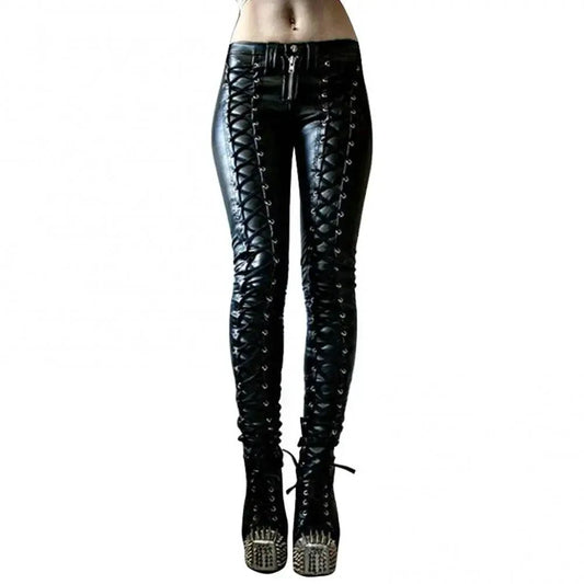 Mandotos steampunk leather skinny pants with fitted design, featuring detailed leather panels and a stylish, edgy look.