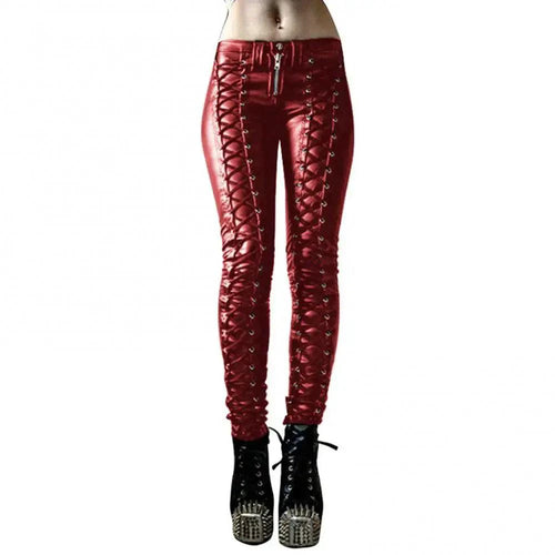 Mandotos steampunk leather skinny pants with fitted design and detailed leather accents, perfect for a bold, edgy look.