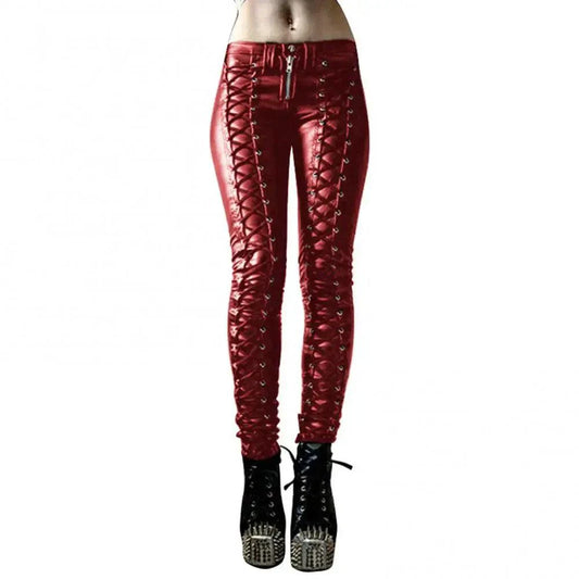 Mandotos steampunk leather skinny pants with fitted design and detailed leather accents, perfect for a bold, edgy look.