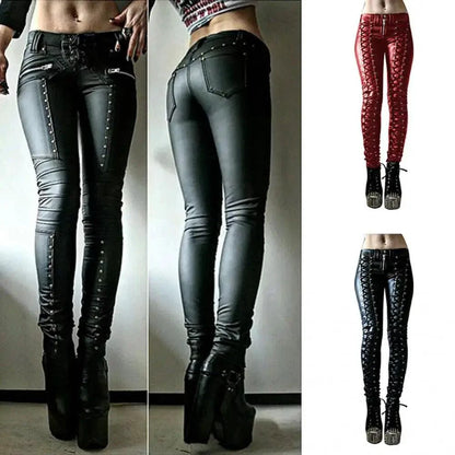 Mandotos steampunk leather skinny pants with detailed gear and cog accents, fitted design, and high-quality brown leather material.