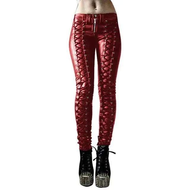 Mandotos steampunk leather skinny pants featuring a fitted design and detailed leather craftsmanship.